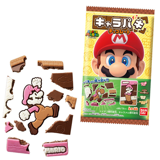 Super Mario Chara Paki chocolate with character-themed pieces and packaging, featuring various chocolate flavors and fun design elements.