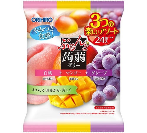 Konjac jelly assortment of white peach, mango, and grape flavors in 24-pack. Includes peach and apple allergens. Chew thoroughly.