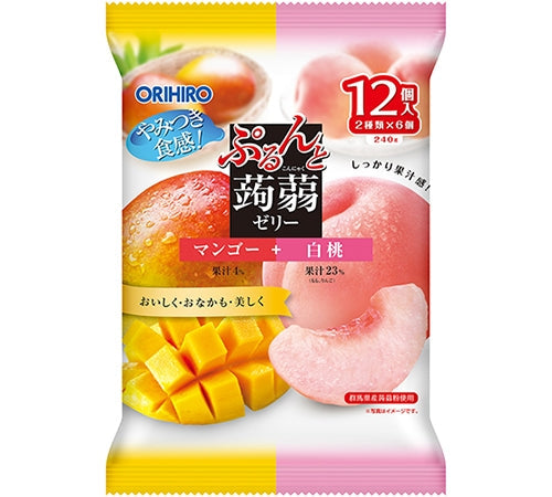 Orihiro Konjac Jelly 12-pack, Mango & White Peach flavors, value-priced, chewy konnyaku jelly, allergen: apple, peach.