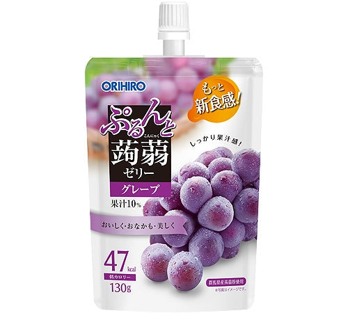 Konjac Grape Jelly Pouch, low-calorie 47 kcal, with vibrant grape design, perfect chilled. Chew thoroughly to enjoy safely.