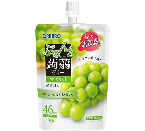 Konjac Jelly Muscat packaging with konnyaku powder, low calorie, 46 kcal, apple allergen warning.