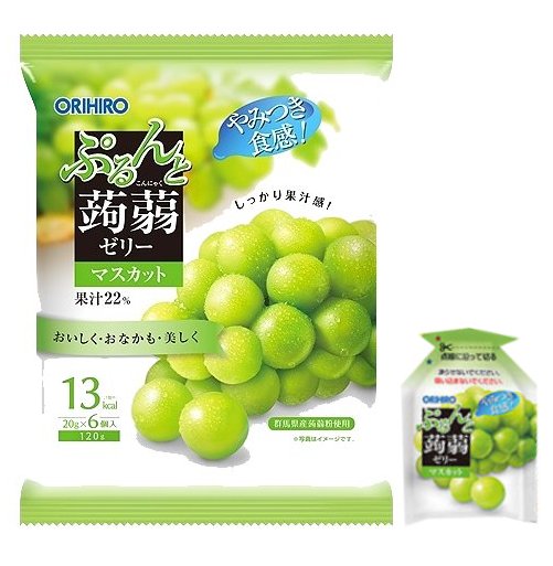 Orihiro Konjac Jelly Muscat flavor, low-calorie fruit juice snack, 13 kcal per serving, green packaging.