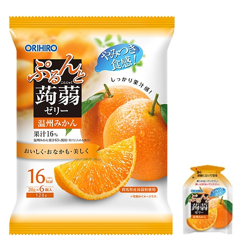 Orihiro Konjac Jelly pouch with juicy orange flavor, low calorie snack with real fruit juice, 6 pack packaging image.