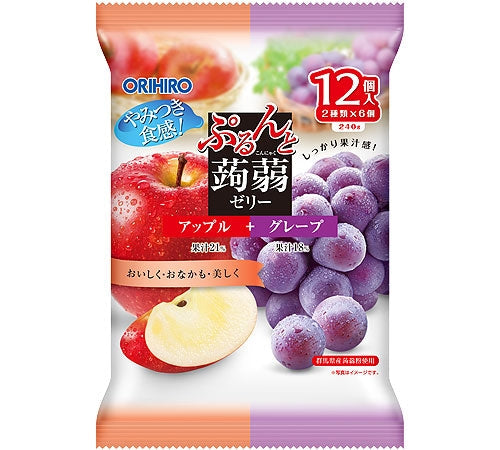 Konjac Jelly Apple & Grape 12-pack, delicious konnyaku jelly with apple, grape flavors, chew thoroughly; allergen: apple.