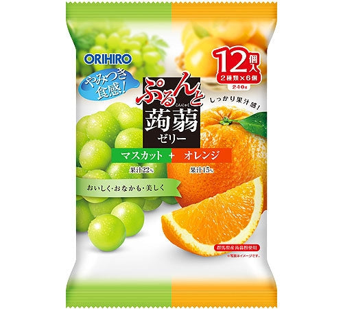 Konjac jelly 12-pack with Muscat and Orange flavors, featuring vibrant packaging with fruit images. Allergen warning: contains orange, apple.