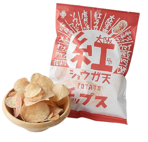 Osaka Red Pickled Ginger Tempura flavored potato chips in red bag with bowl, highlighting sour and salty taste.