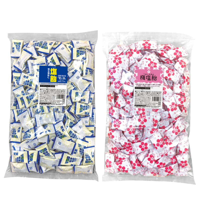 Two packs of salt candy, including Blue Sea lemon-flavored and plum salt, packaged in Okinawa-inspired designs.