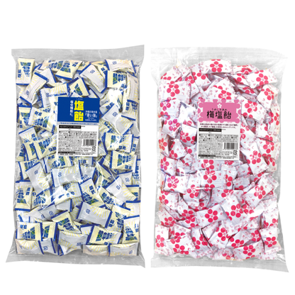 Two packs of salt candy, including Blue Sea lemon-flavored and plum salt, packaged in Okinawa-inspired designs.