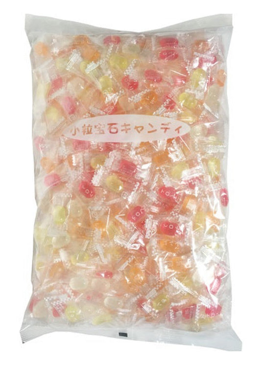 1kg bag of assorted jewelry candies in lemon, orange, strawberry, and apple flavors, with approximately 2.4g per candy.