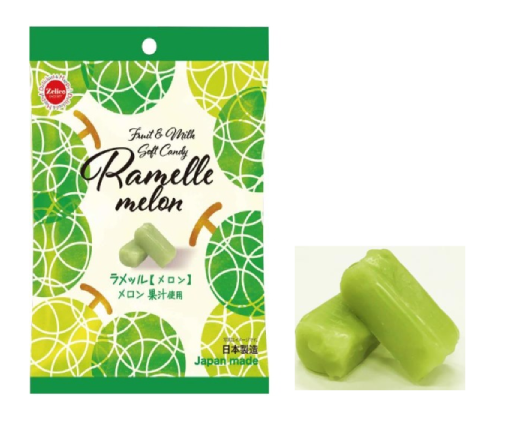 Alt Tag: ZELICO Ramelle melon-flavored soft candy with smooth texture, made with melon juice; common allergens: dairy, soybean, melon.