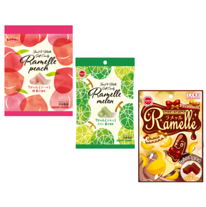 Assorted ZELICO Ramelle fruit and milk soft candies in peach, melon, and chocobanana flavors, showcasing vibrant packaging.