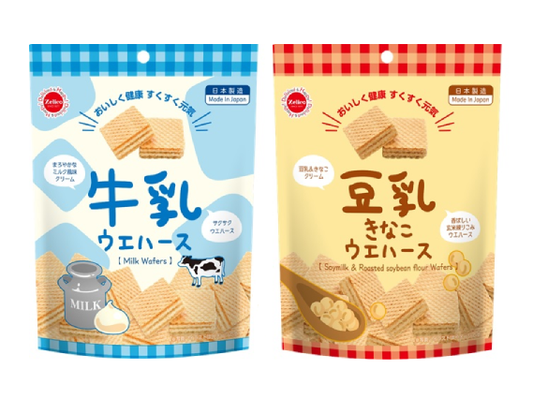 Milk and soy flour wafers in colorful packaging, highlighting creamy fillings and crispy textures. Contains wheat, dairy, and soy allergens.