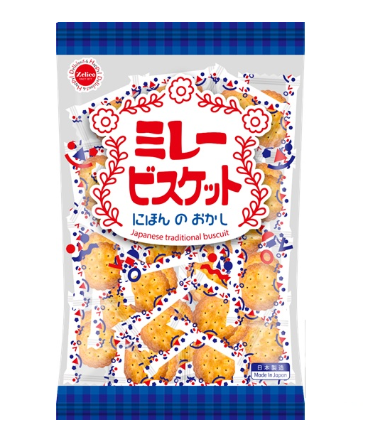 Package of Mire Biscuit, an old-fashioned Japanese traditional biscuit with crunchy sweetness, contains wheat and soybean allergens.