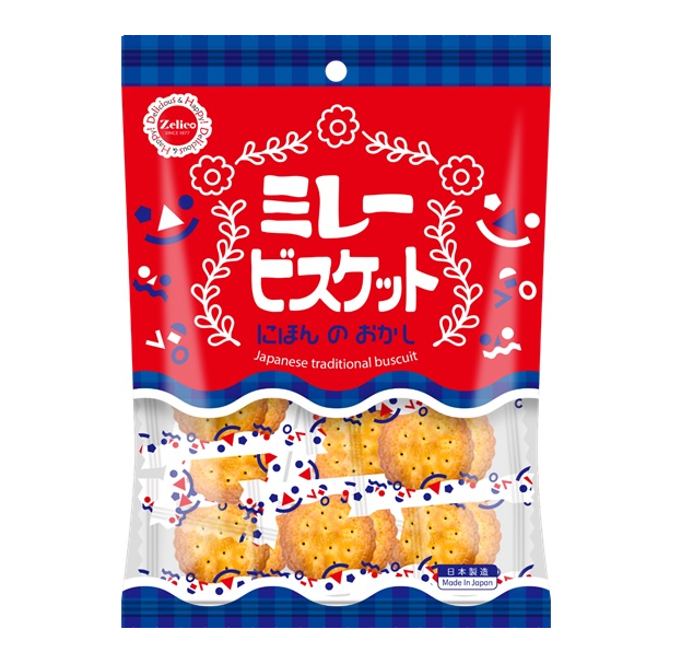 Mire Biscuit packaging featuring crispy traditional Japanese biscuits with floral design; contains wheat and soybean allergens.