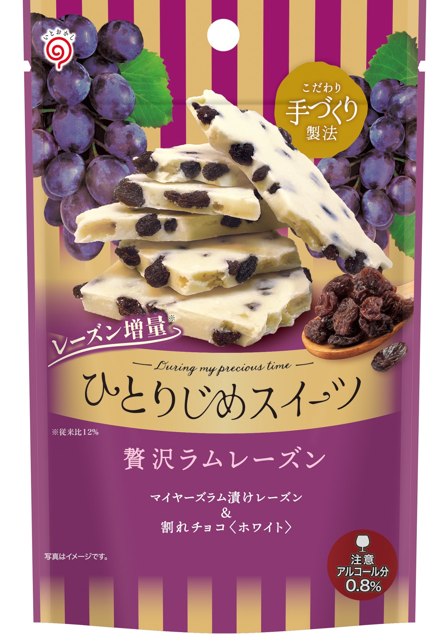 Hitorijime Sweets Raisin Chocolate with luxurious cracked white chocolate and Myer’s Rum Raisins in elegant packaging.