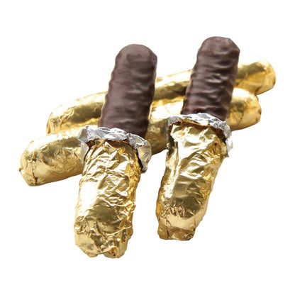 Magokoro Finger Chocolate biscuits wrapped in gold foil, featuring savory biscuits with bitter chocolate coating.