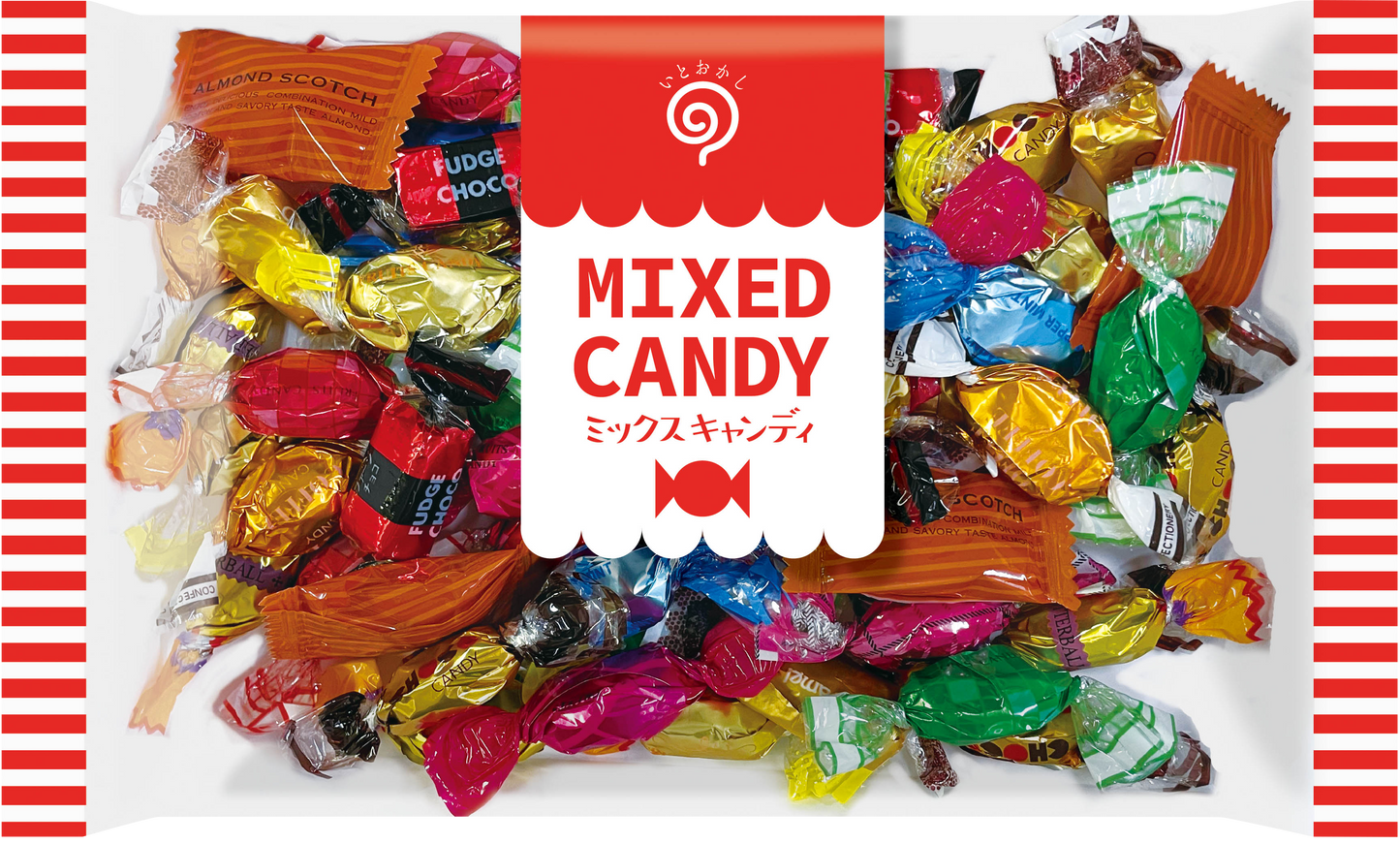Mixed Candy 240g bag with 12 different candies including dairy, soy, apple, almond allergens, contains Western alcohol.