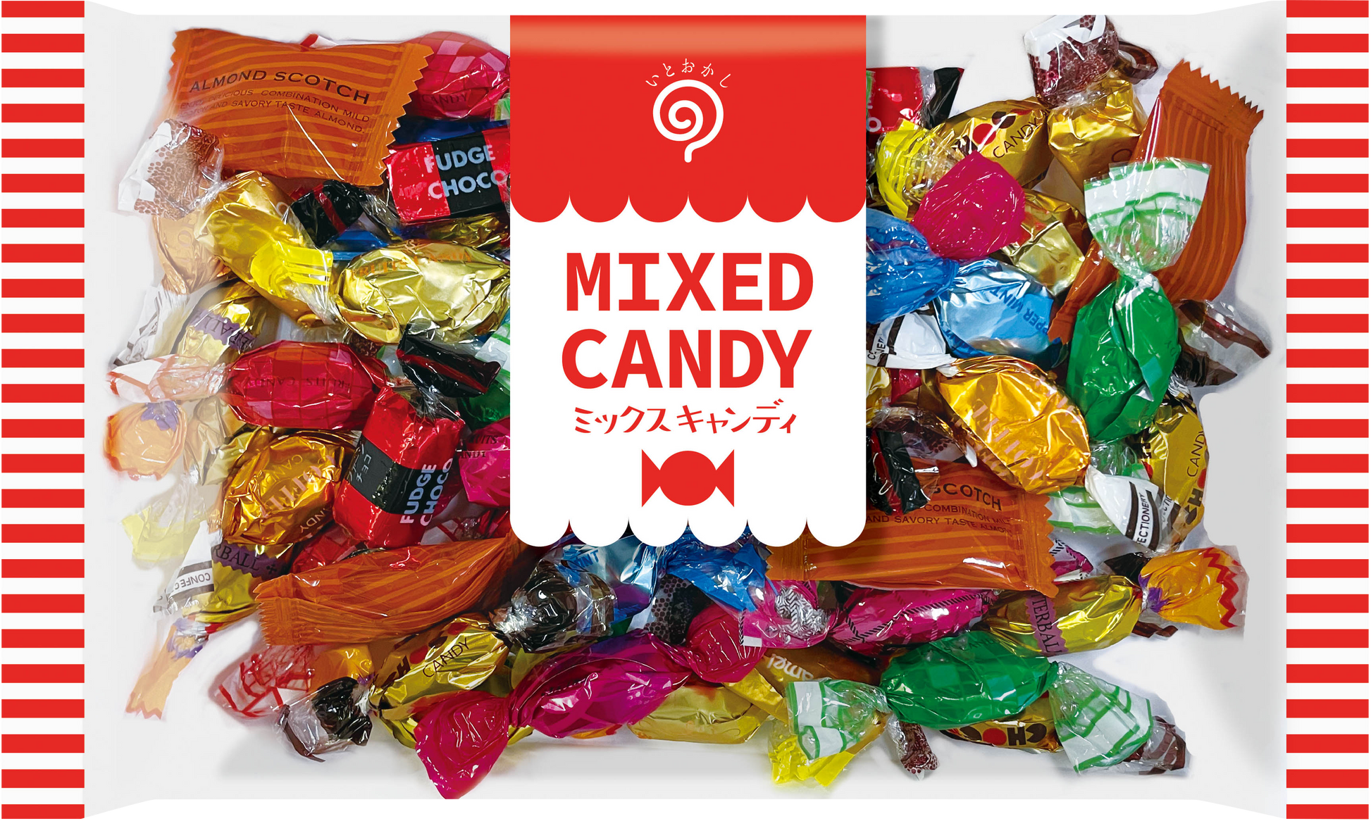 Mixed Candy 240g bag with 12 different candies including dairy, soy, apple, almond allergens, contains Western alcohol.