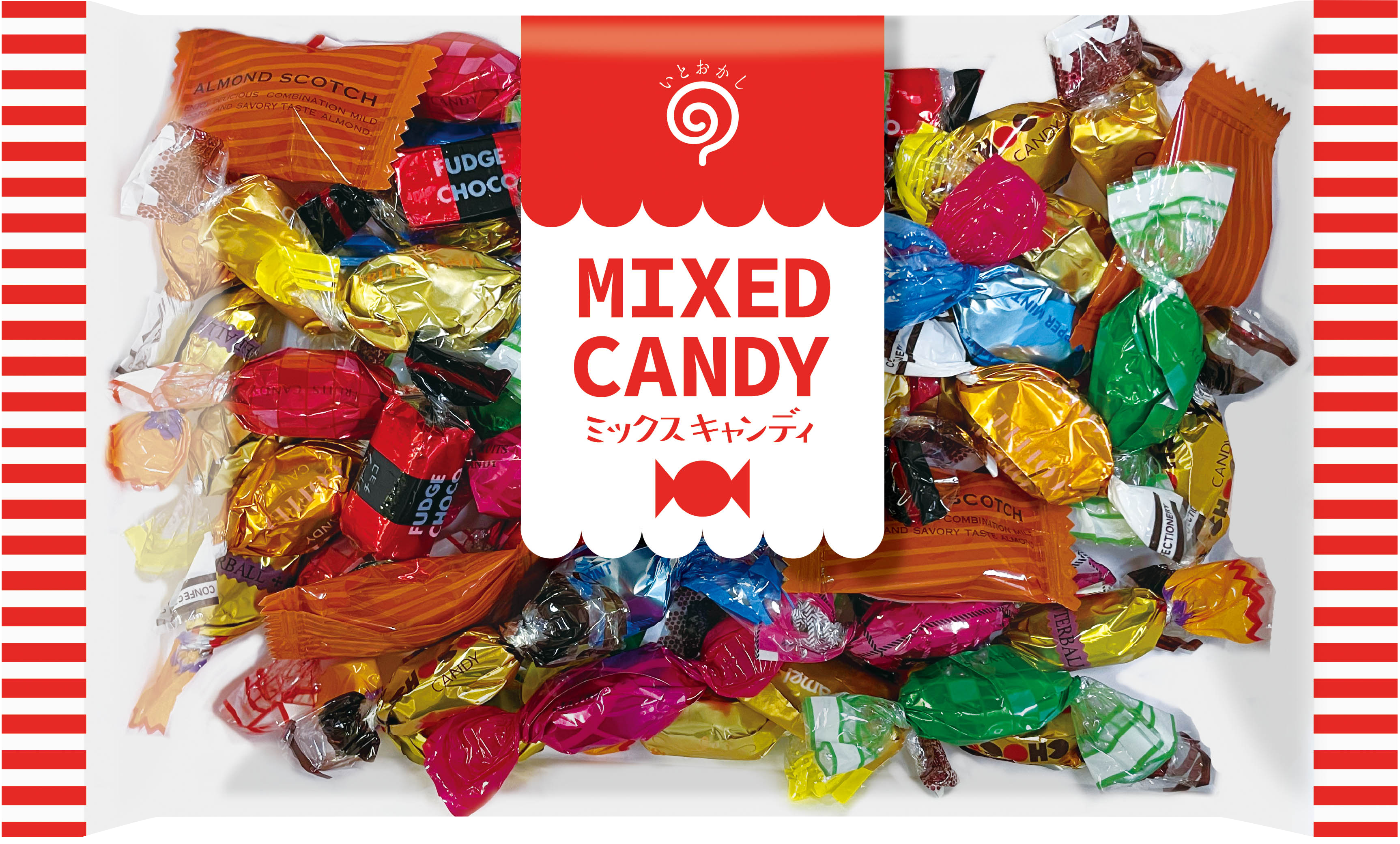 Mixed Candy 240g bag with 12 different candies including dairy, soy, apple, almond allergens, contains Western alcohol.