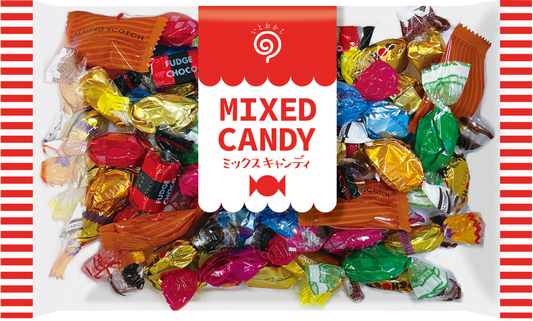 Mixed Candy 240g bag with 12 different candies including dairy, soy, apple, almond allergens, contains Western alcohol.