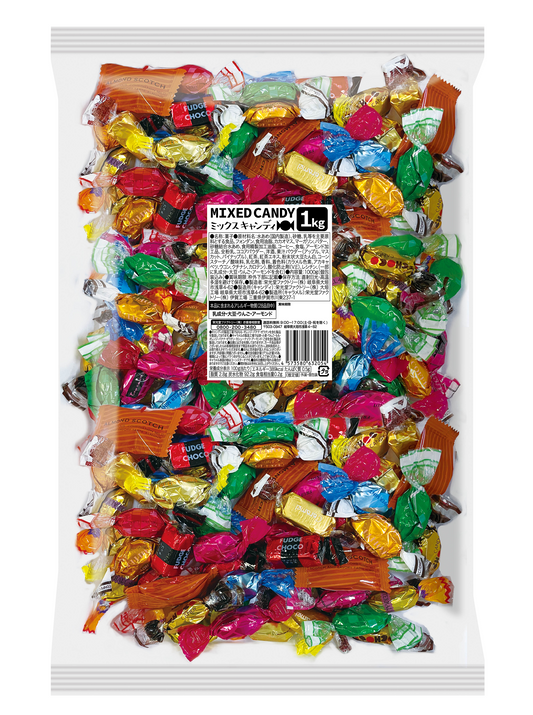 1kg bag of assorted candies and caramels, featuring 12 varieties. Contains dairy, soybean, apple, almond, and alcohol.