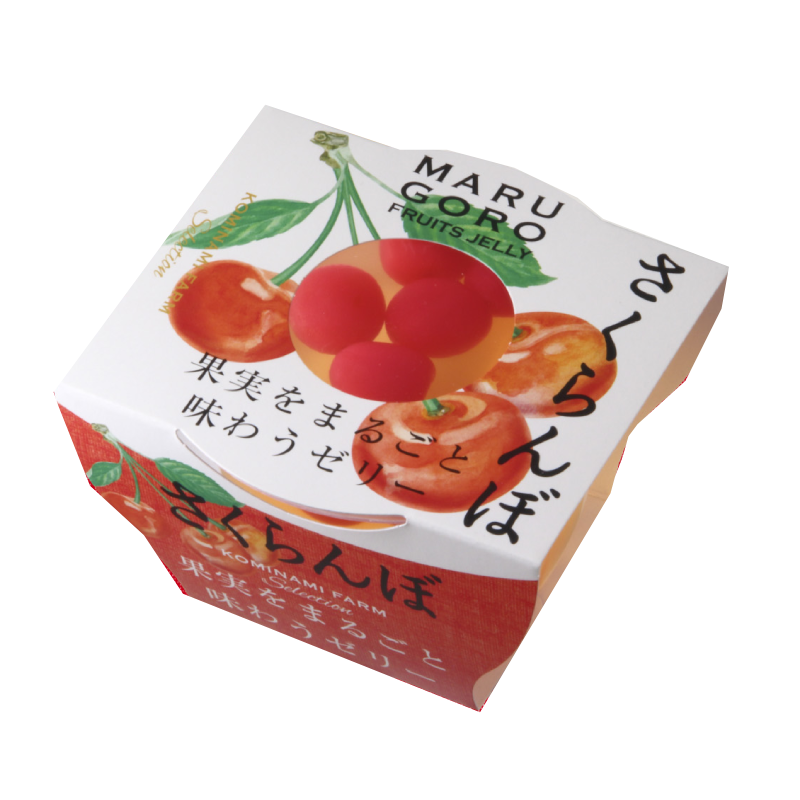 Marugoto Jelly Fruit features whole cherries encased in a sweet jelly, showcasing vibrant packaging with cherry illustrations.
