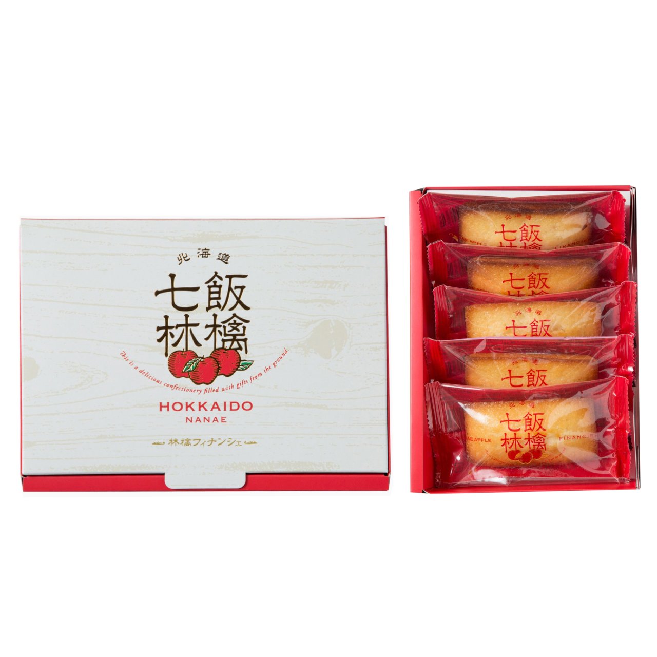 Nanae Apple Financier 5P from Hokkaido with chopped syrup-soaked apples, packaged in a red-box, allergen info included: Dairy, Egg, Wheat, Apple, Almond.