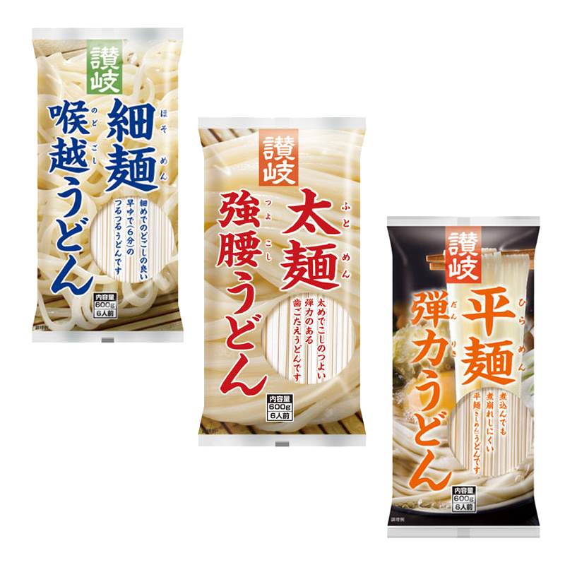Sanuki Udon 600g packages in Thin, Thick, and Flat varieties, featuring fast-boiled, firm, and non-fall apart noodle textures.