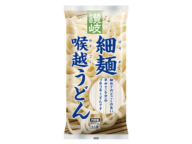 Package of Sanuki Udon 600g with thin, slippery udon noodles, highlighted by Japanese text. Contains wheat allergens.