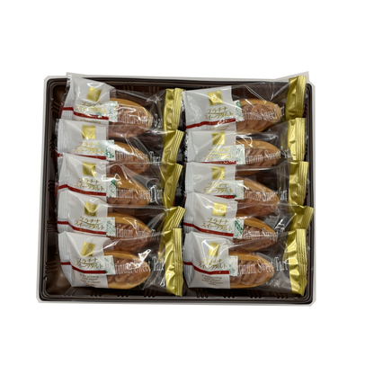 Box of 10 Fukushima Peach Tarts with white bean and sweet potato on cookie dough, wrapped in individual packaging.