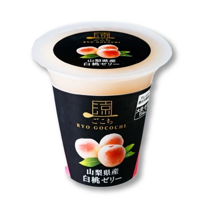 Ryo Gocochi Yamanashi White Peach Jelly in black packaging with white peach imagery, dairy and soybean allergens noted.