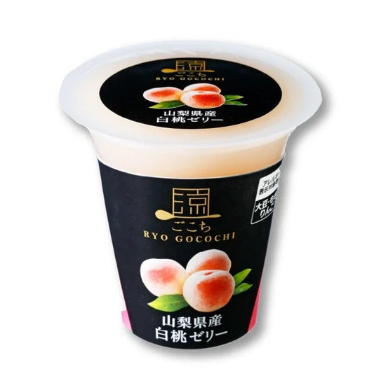Ryo Gocochi Yamanashi White Peach Jelly in black packaging with white peach imagery, dairy and soybean allergens noted.