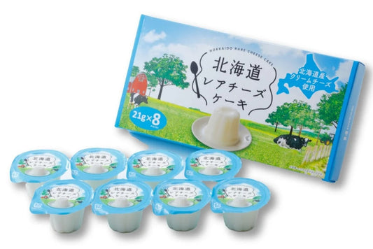 Packaging of Hokkaido No-Bake Cheese Cake Mini 8P made with Hokkaido cream cheese, featuring individual servings and box image.