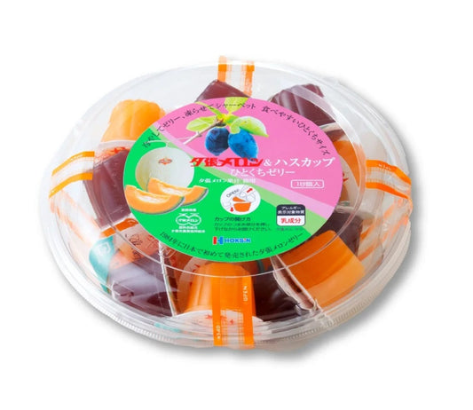 Yubari Melon and Haskap Jelly Mini 18P in clear packaging, showcasing vibrant orange and purple jelly from Hokkaido, perfect for gifts.