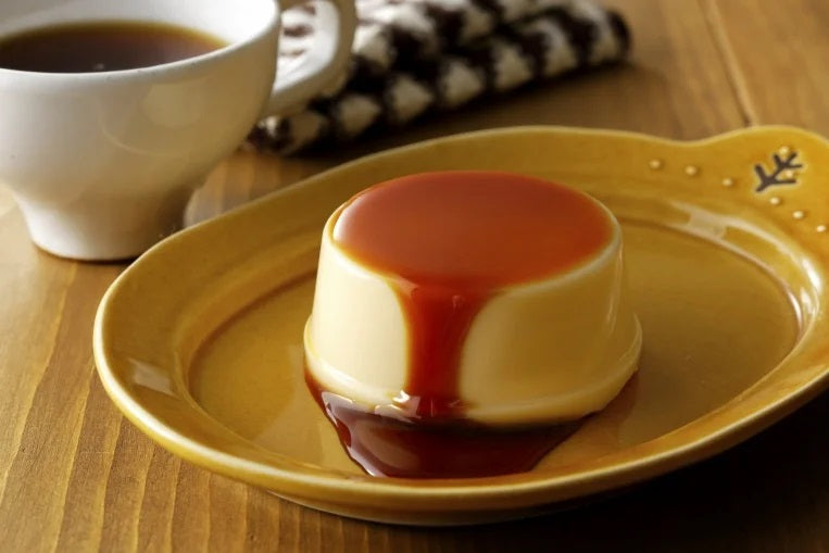 Hokkaido premium pudding topped with caramel sauce served on a plate, featuring its rich milk and cream texture alongside a cup of coffee.