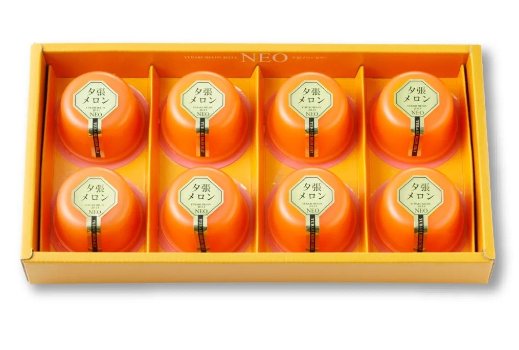 Yubari Melon Jelly NEO 8P box filled with eight orange jelly cups, offering a luscious Yubari melon flavor and pulpy texture.