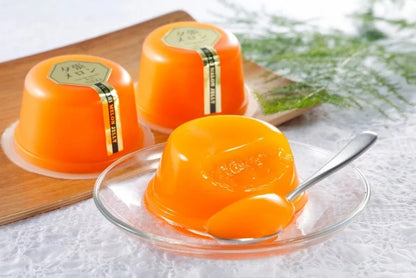 Yubari Melon Jelly NEO in vibrant orange, served with a spoon, showcasing its pulpy texture and rich flavor on a glass plate.
