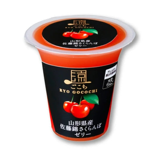 Ryo Gocochi Yamagata Sato Nishiki Cherry Jelly cup with vibrant red color and cherries, contains Sato Nishiki juice, allergens: soybean, apple.