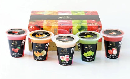 Assorted Ryo Gocochi jellies with flavors from Hokkaido melons, Yamanashi peaches, Fukuoka strawberries, Nagano muscat, Yamagata cherries.
