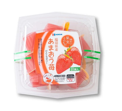 Fukuoka Amaou Strawberry Jelly Mini 10P packaging highlighting rich sweetness and aroma. Perfect as a snack or gift.