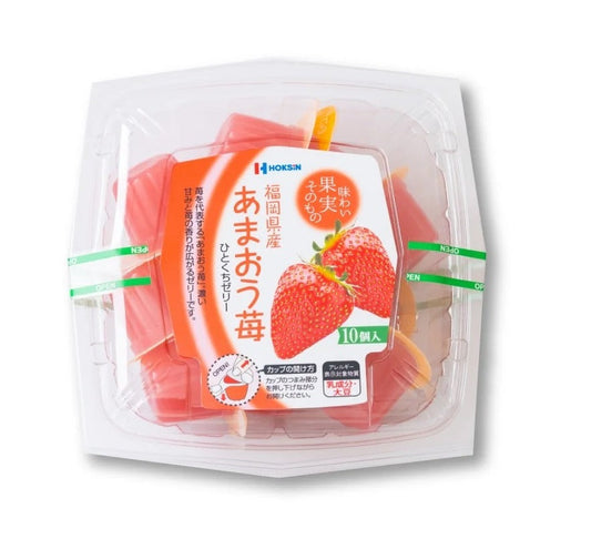 Fukuoka Amaou Strawberry Jelly Mini 10P packaging highlighting rich sweetness and aroma. Perfect as a snack or gift.