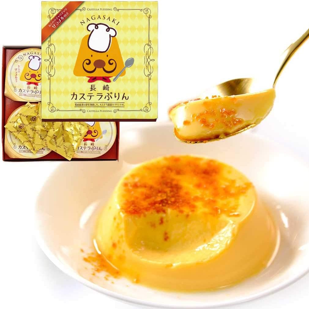 Nagasaki Castella Pudding with caramel sauce, featuring smooth texture and authentic Nagasaki flavors, served with a spoonful of Zaramel.