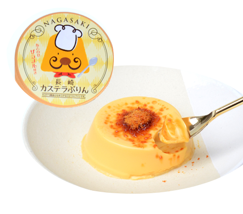 Nagasaki Castella Pudding with Zaramel sauce, showcasing smooth texture and caramel topping, made with Taiyo Egg from Nagasaki Prefecture.