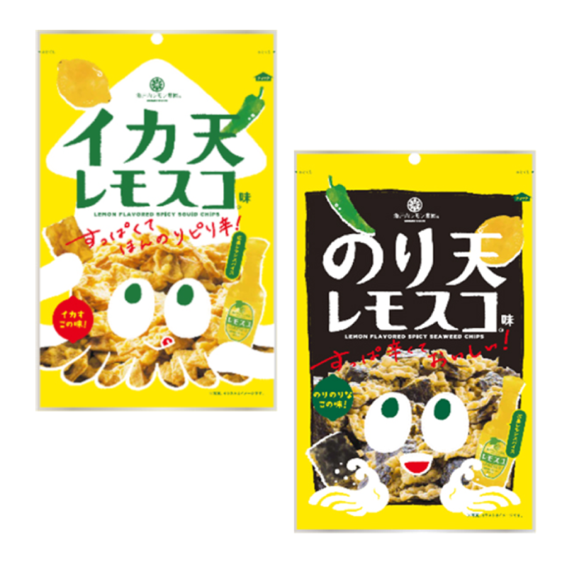 Yamato Foods Lemosco Ikaten and Noriten Tempura Snacks in bright yellow packaging with lemon and chili illustrations.