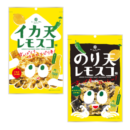 Yamato Foods Lemosco Ikaten and Noriten Tempura Snacks in bright yellow packaging with lemon and chili illustrations.