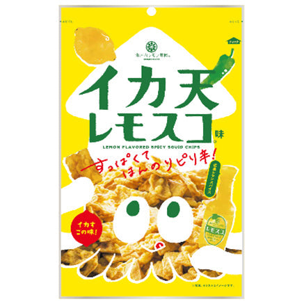 Packaging of Yamato Foods Lemosco Tempura Snack, lemon and chili flavored squid chips with a playful design on a yellow background.