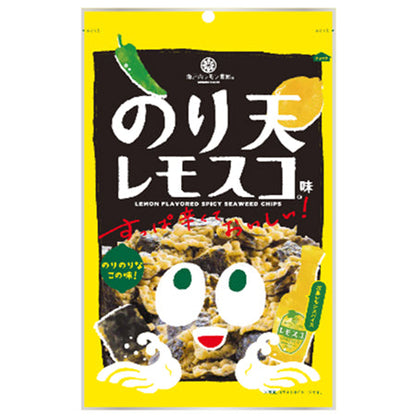 Packaging of Yamato Foods Lemosco Lemon Chili Condiment Tempura Snack with seaweed chips featuring lemon and chili design.