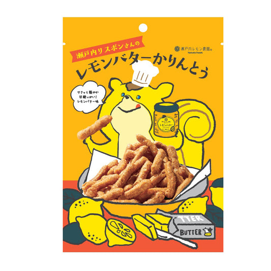 Lemon Butter Karinto snack package featuring buttery lemon flavor and crunchy texture with cartoon squirrel chef on yellow background.