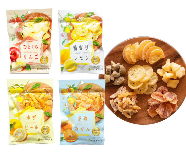 Assorted bite-size soft dried fruits including apple, lemon, yuzu peel, and a mix on a wooden plate with packaging shown.