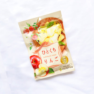 Bite-size soft dried apple from Shinshu, Nagano in floral packaging, featuring soft textured dried fruit.